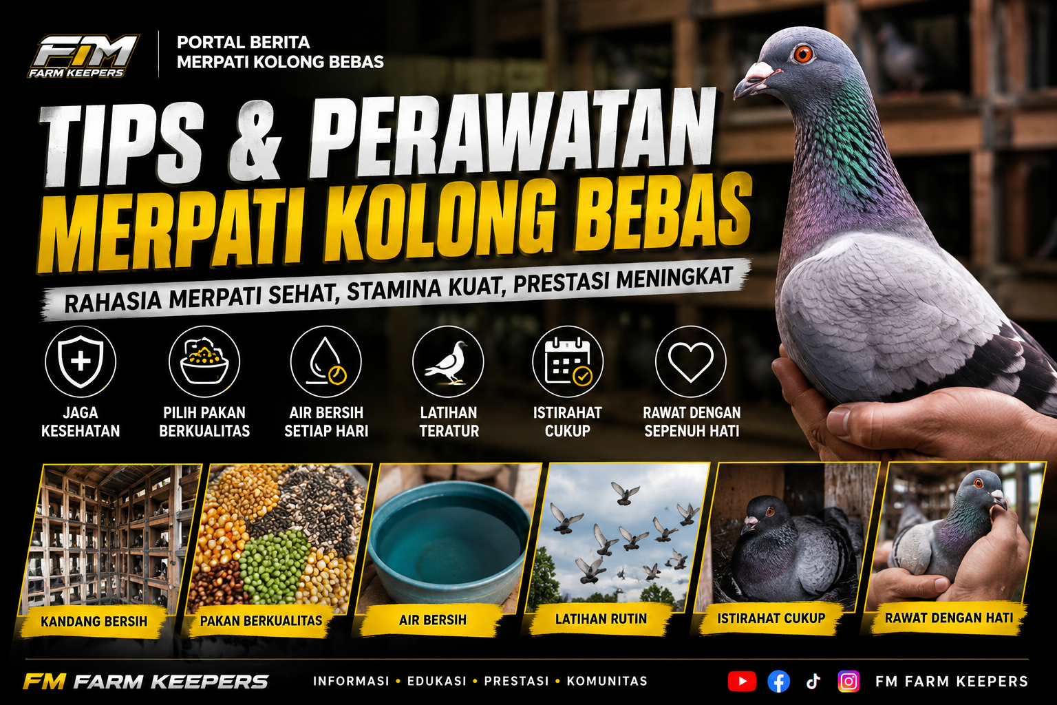 Pelajari 7 tips menjaga kondisi Merpati Kolong Bebas agar tetap prima menjelang perlombaan. Panduan lengkap dari FM FARM KEEPERS untuk penghobi dan peternak.