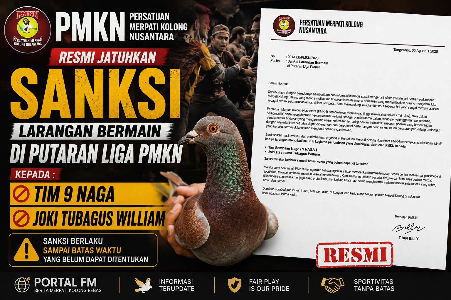 PMKN Jatuhkan Sanksi kepada Tim 9 Naga dan Joki Tubagus William Usai Insiden Viral Merpati Kolong